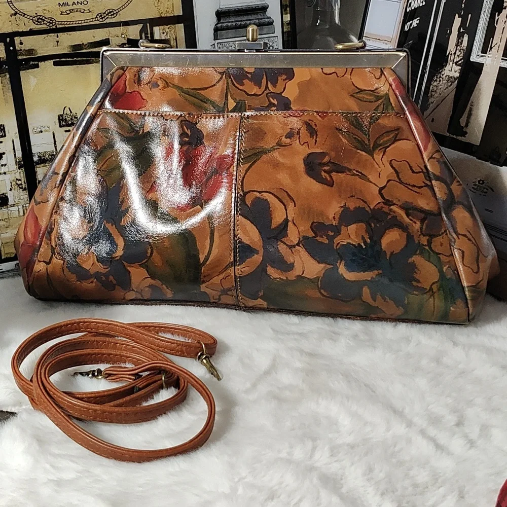 Patricia Nash Floral Painted Leather Satchel in Tan, Brown, Green, Red - Picture 2 of 15